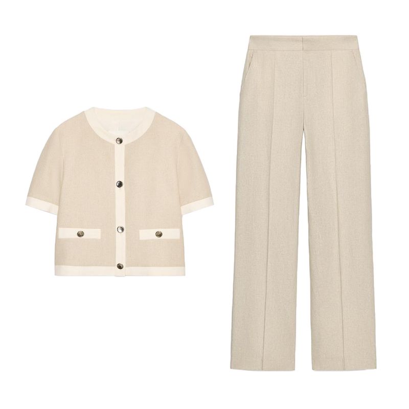 Linen Blended round Neck Short Sleeve Suit Outwear 3597998 High Waist Straight-leg Casual Pants 3723998