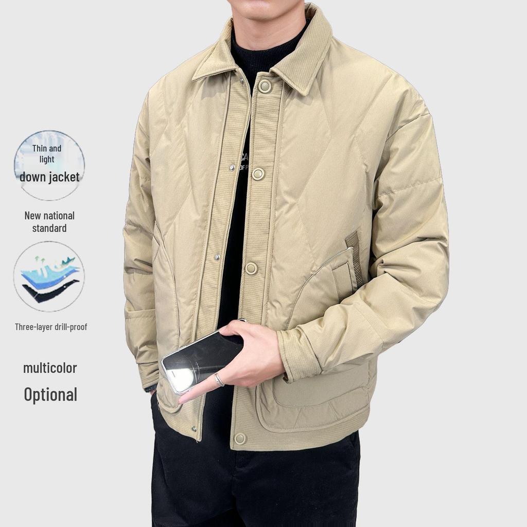 Herren Winter/Herbst Leichte Jacke im Hemdstil mit Daunenfüllung (weiße Entendaune), Neuer lockerer Schnitt, Große Größen Arbeitskleidung.