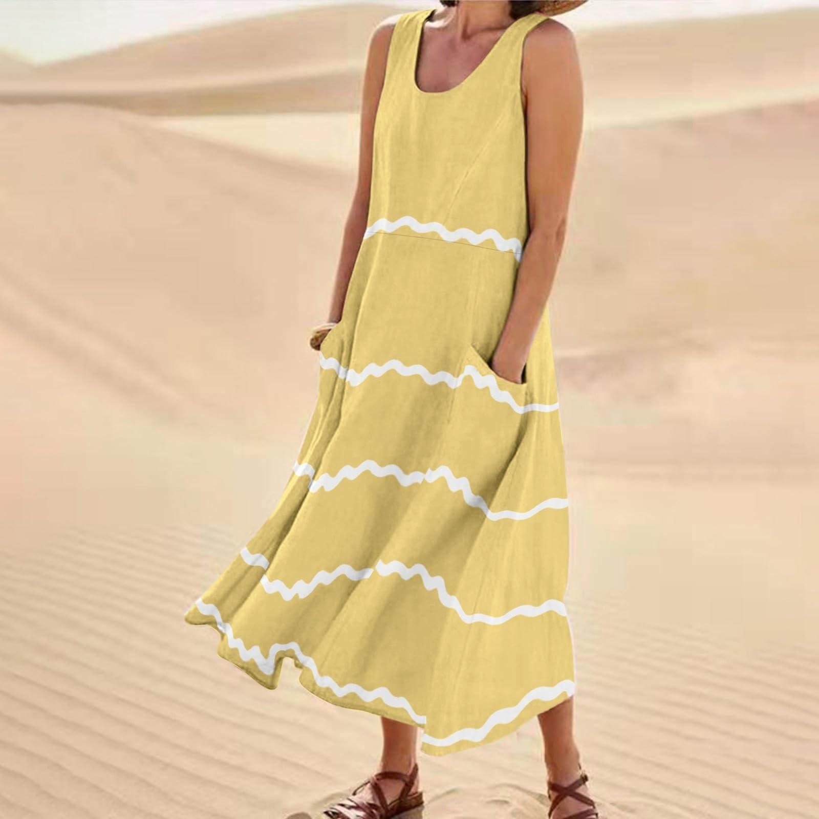 

Женское летнее повседневное модное платье в полоску с принтом без рукавов и круглым вырезом с карманом