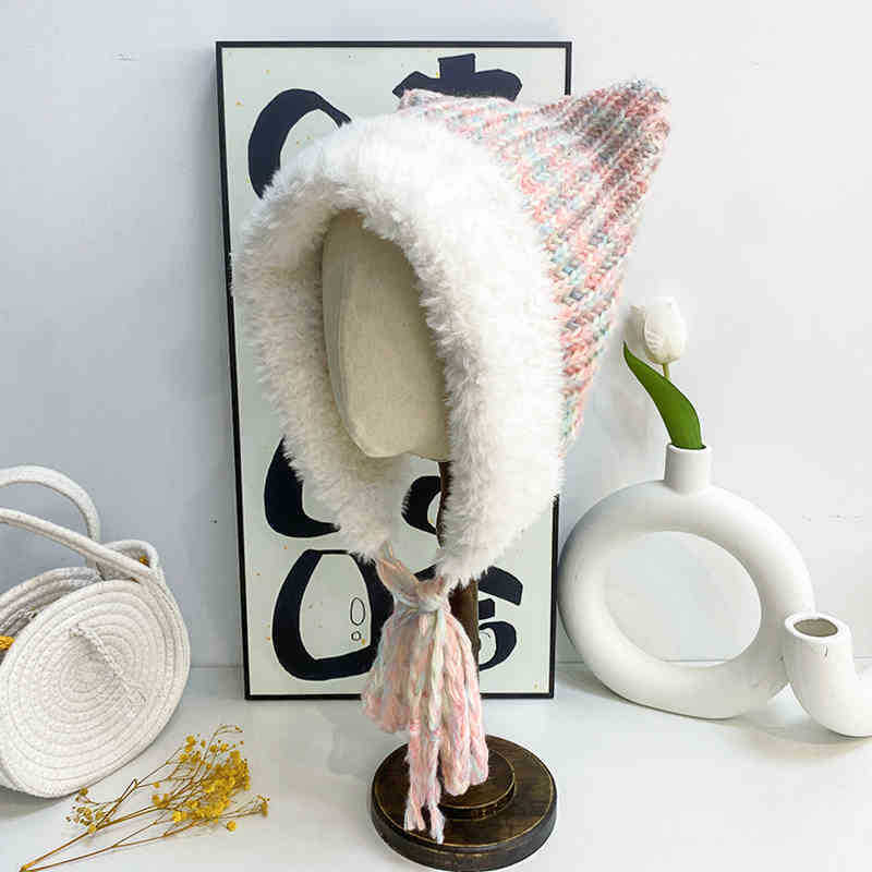 Cute Plush Knitted Hat with Cat Ears Big Head Circumference  Face Showing Small Colorful Thick Woolen Contrasting Color Ear Protection Hat