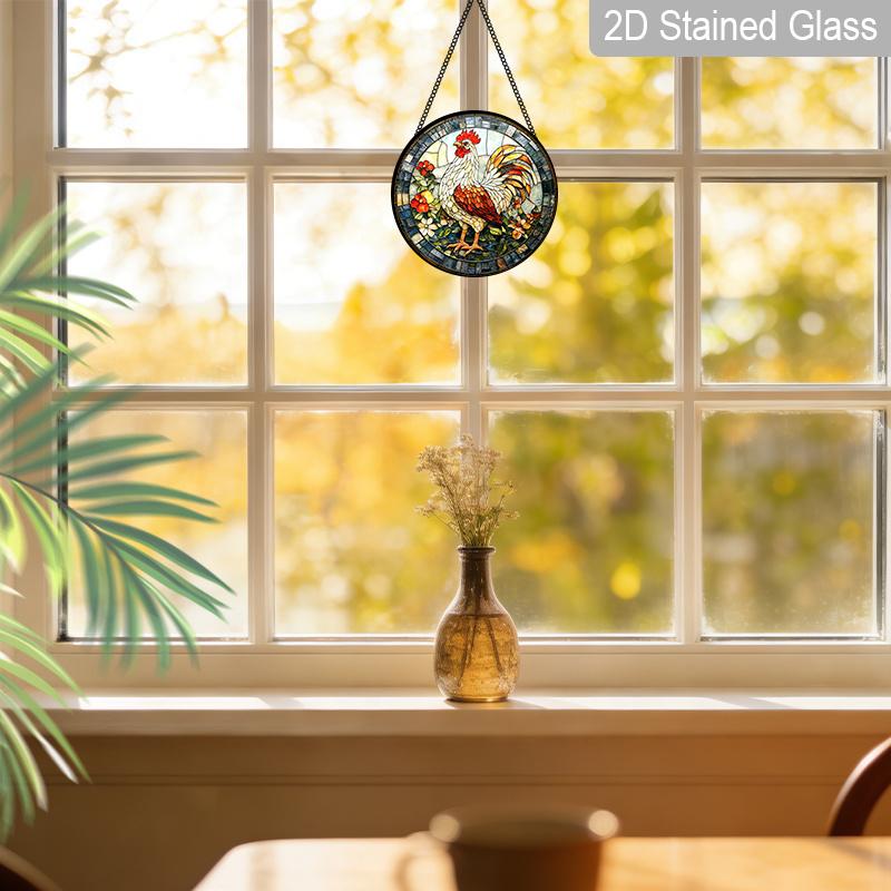 2D Flat Stained Glass Rooster Window Decoration, 6.3/7.87inches Colored Glass Plate with Chain, Charming Sun Catcher Home Decor, Unique Holiday