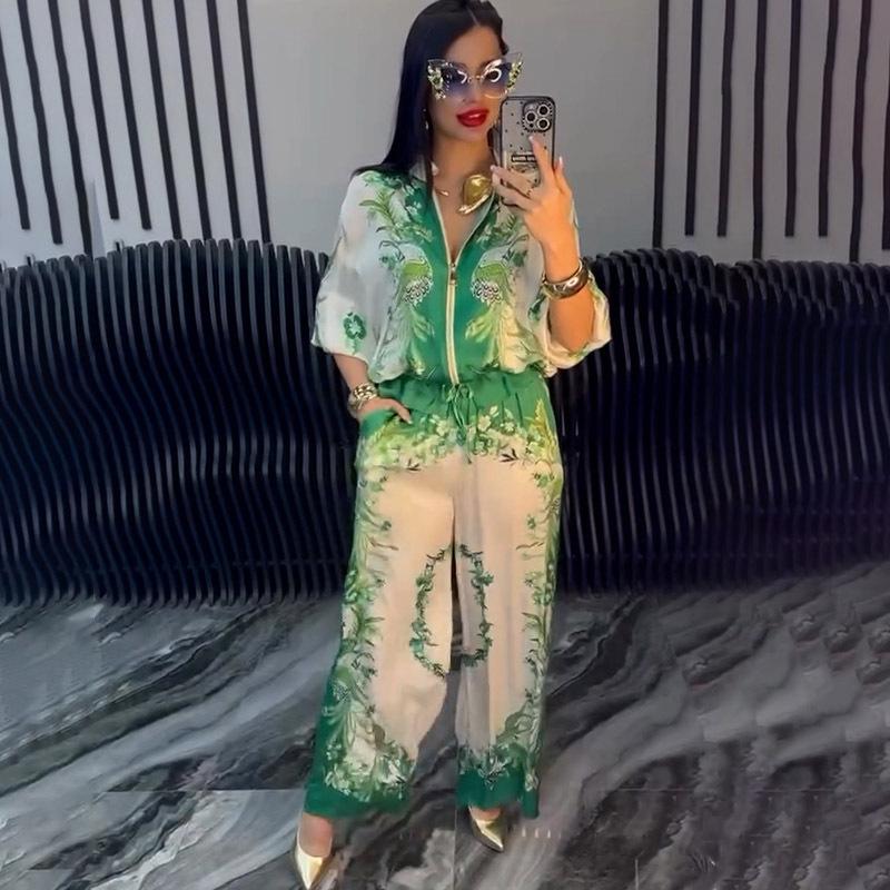 Dámský elegantní top s květinovým potiskem, volného střihu, s krátkým rukávem, se stahováním v pase a set širokých kalhot
