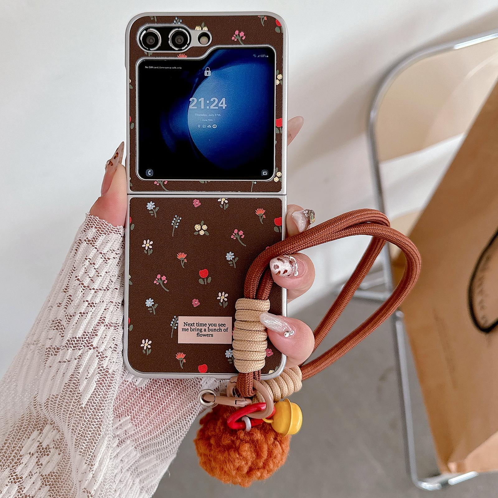 

Чехол для Samsung Galaxy Z Flip7 FE 5G/Z Flip6 5G из кожи+ПК, с цветочным принтом и ремешком для руки A