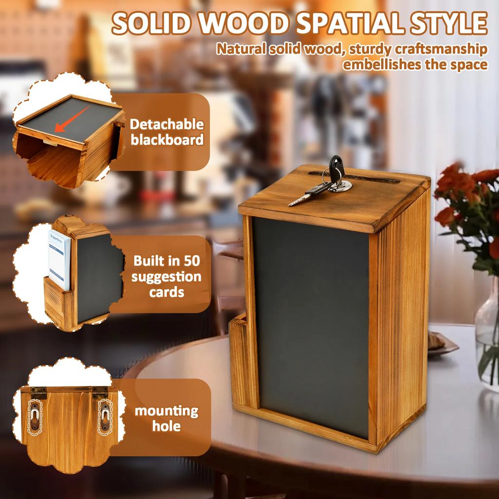 Suggestion Box Wood Donation Box with Slot and Erasable Chalkboard Multipurpose Safe Donation Box for Office School Restaurant