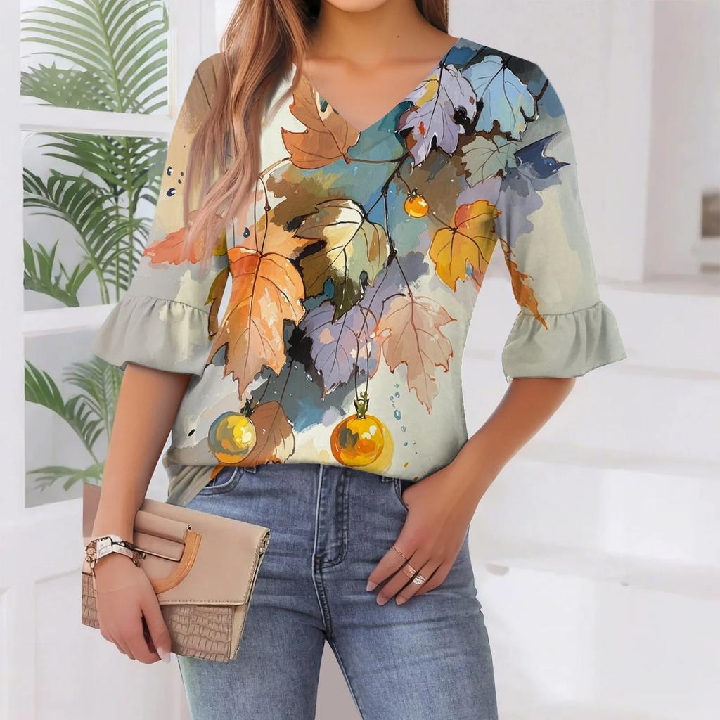 Damen Casual Fashion V-Ausschnitt Pullover Lose Pendeln Floral Fünf-Punkt-Ärmel T-Shirt Top