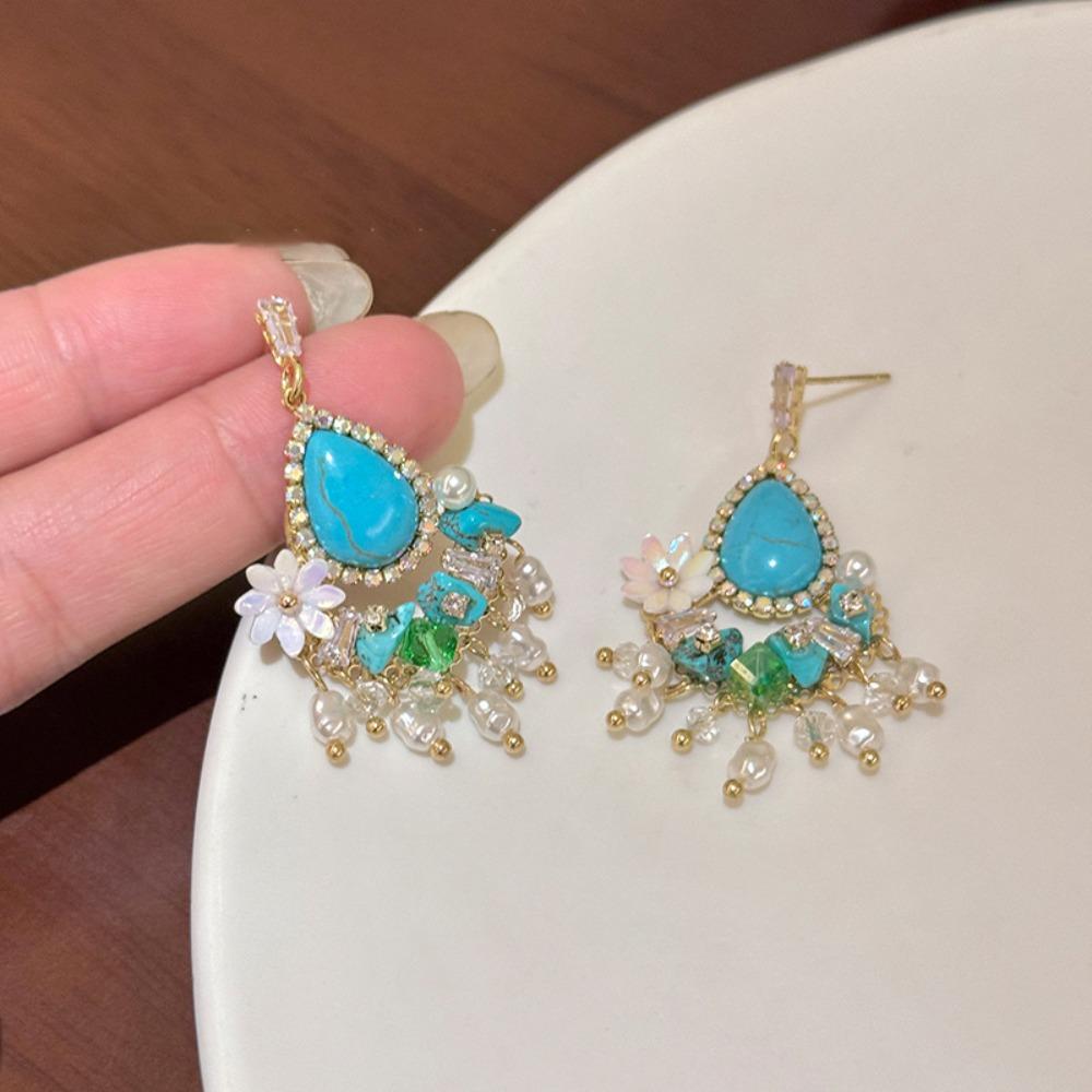 Turquoise Bohemian Turquoise Earrings Pearl Flower Shape Earrings Pendant  Lady Gifts