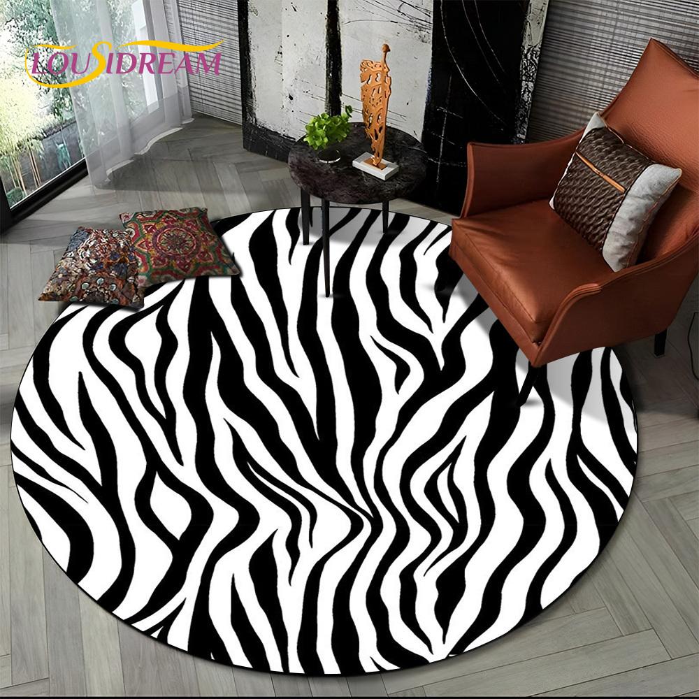 3D Barevný Pruhovaný Vzor Zebra Kulatý Koberec pro Obývací Pokoj, Ložnici, Dětský Herní Koutek Dekor, Protiskluzová Podložka do Zóny pro Domácí Mazlíčky