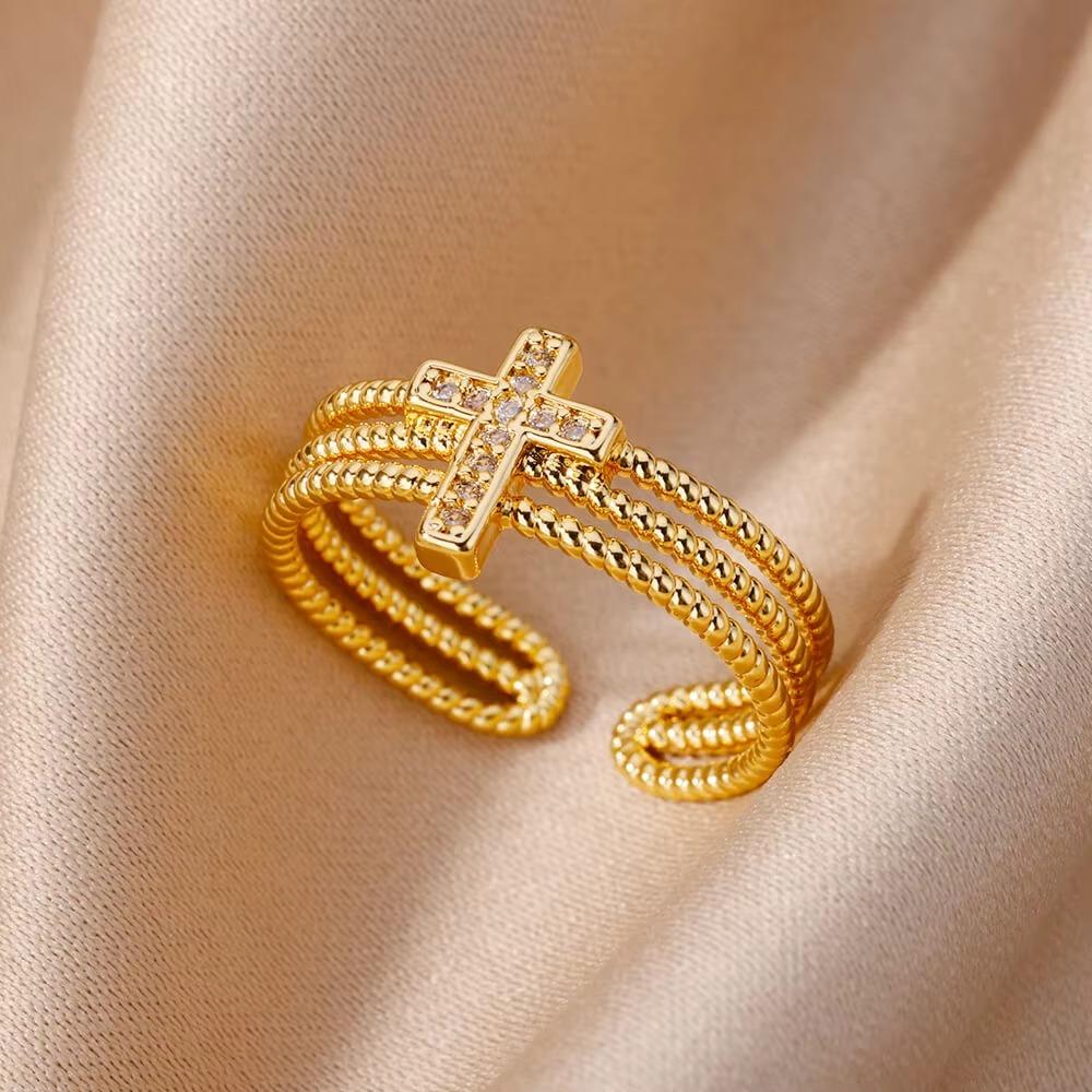 Stainless Steel Cross Rings For Women Vintage Gold Color Opening Cross Finger Ring Party Wedding Jewelry Gift Anillos Mujer