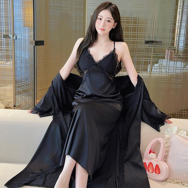 French pajamas women's summer ice silk suspender nightgown two-piece set sexy back waist thin nightgown with chest pad