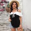 Plus Size Women's Summer Fashion Off The Shoulder Lotus Sleeve Halter Short Sleeve Top