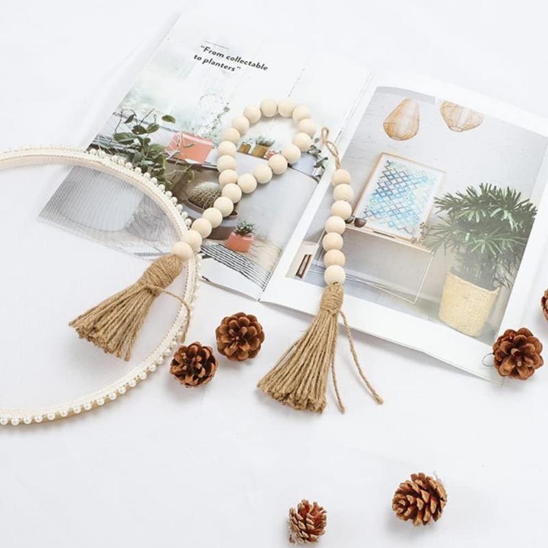 Pack of 4 Tassels Wooden Beads Garlands Cotton Decorative Handle Decorations Tassels Beads Pendants for Cabinet Door