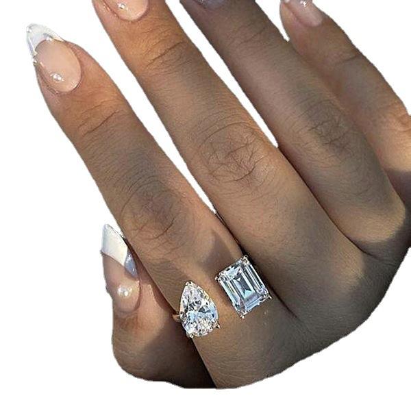 Geometric Square Waterdrop Zircon Opening Ring Female 925 Stamp Luxury Super Flash Zircon Asymmetric Ring Party Wedding Gift