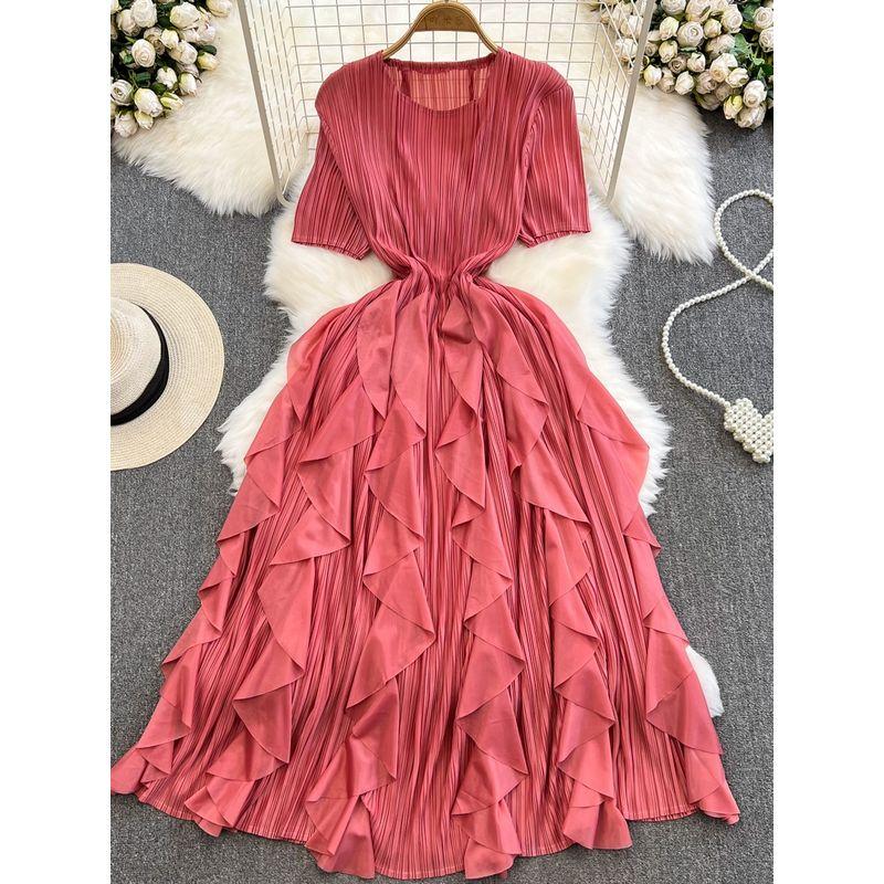 Sanzhai Ruched Fairy round Neck A- line Ruffled Long Dress