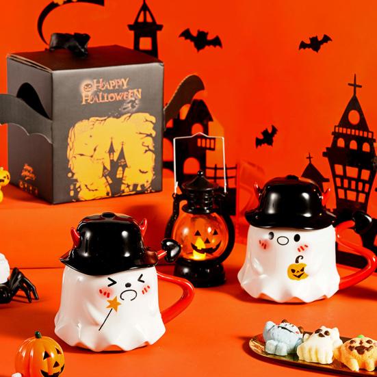 Halloween Coffee Mug Ghost Wearing Hat Shape Ceramic Cup Dishwasher Safe Festive Mug Seasonal Decoration Gift