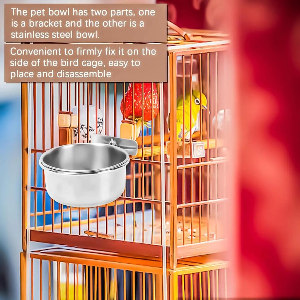 Stainless Steel Bird Bowl Cup Dish with Clamp Parrot Food Water Dishes Birdcage Feeder for Cockatiel Budgie Conure Macaw