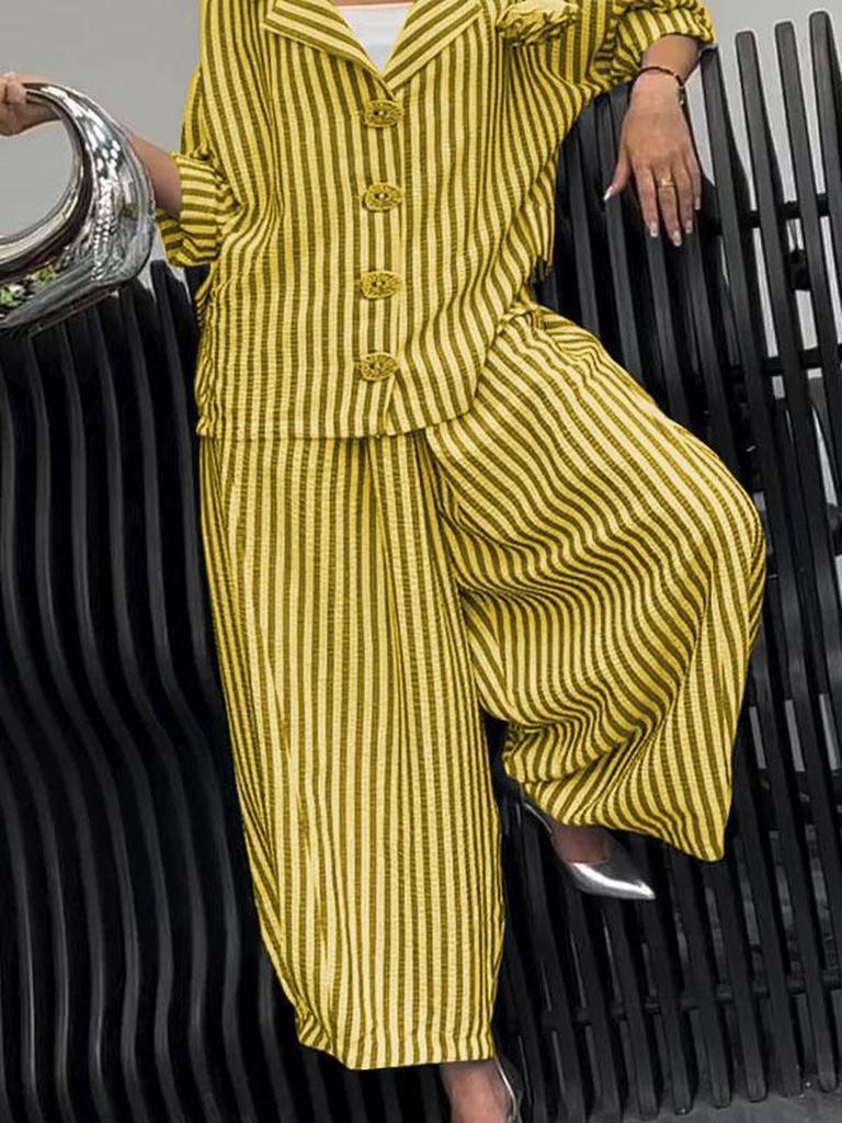 New Autumn Commute Style Floral Striped Loose Blazer Casual Suit Set