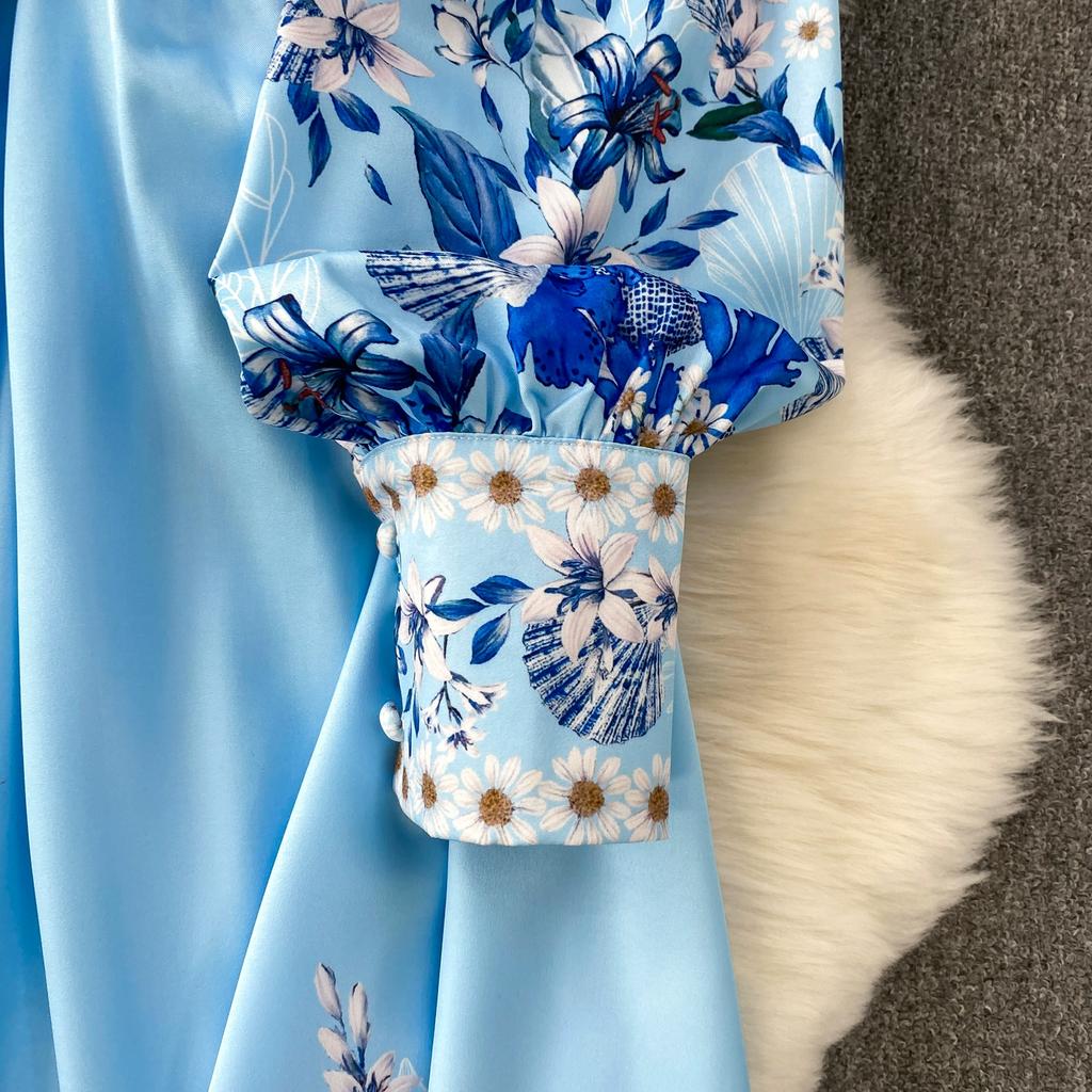 Spring Autumn Women Vintage Print Runway Dresses Stand Full Sleeve Single Breasted Long Maxi Holiday Party Dress With Belt
