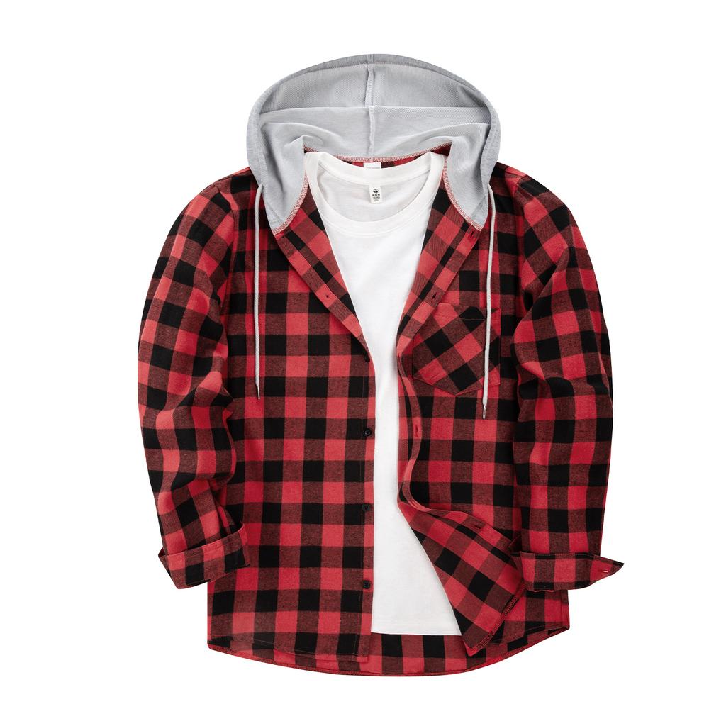 Plus Size Men's Spring And Autumn Loose Casual Long-sleeved Hooded Plaid Shirt Man
