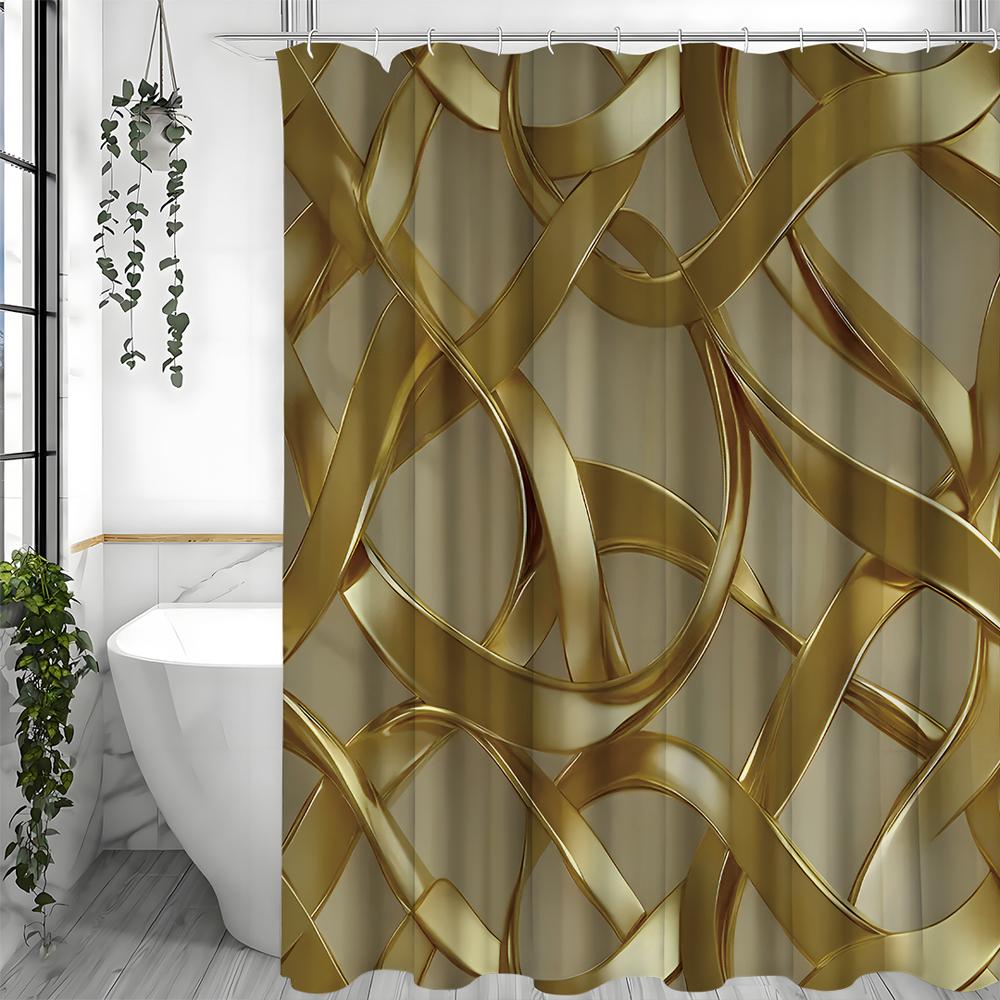 Abstrakt Kunst Gull Linje Moderne Dusjforheng, Baderomsdekorativt Dusjforheng, Vanntett Dusjforheng med Kroker