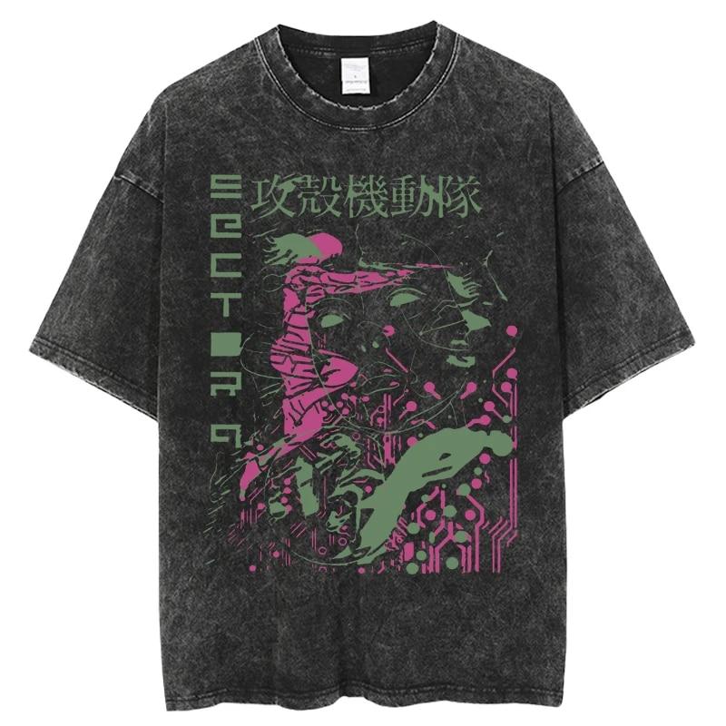 Modisches Ghost in the Shell Anime-T-Shirt mit verwaschenem O-Ausschnitt und kurzen Ärmeln für Damen, Schwarz, übergroß, lässig, Hip-Hop-Top