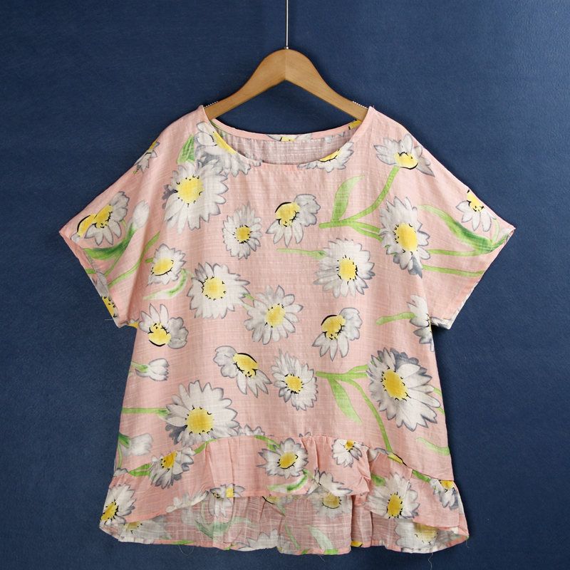 

Принт больших размеров, круглый вырез, тонкая удобная хлопково-льняная рубашка с рукавами «летучая мышь» Pink background Flower No. 7 All yards