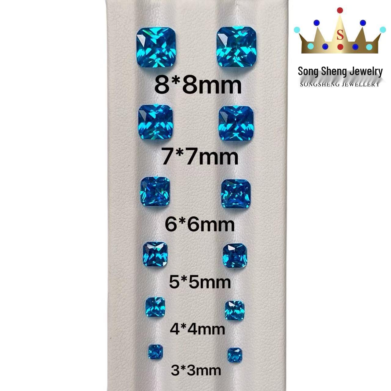 Super Santa Maria Aquamarine Princess-Cut Cubic Zirconia Faceted Gemstone, Inlaid with Full Fire Color. 3x3mm Square Princess Cut