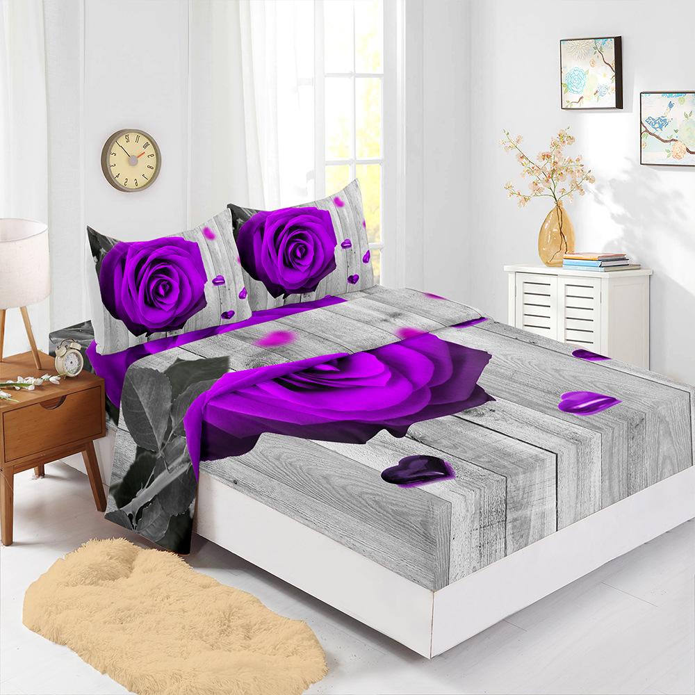 Four-Piece Mattress Sheet Digital Printing Rose Mattress Protective Cover Bedding
