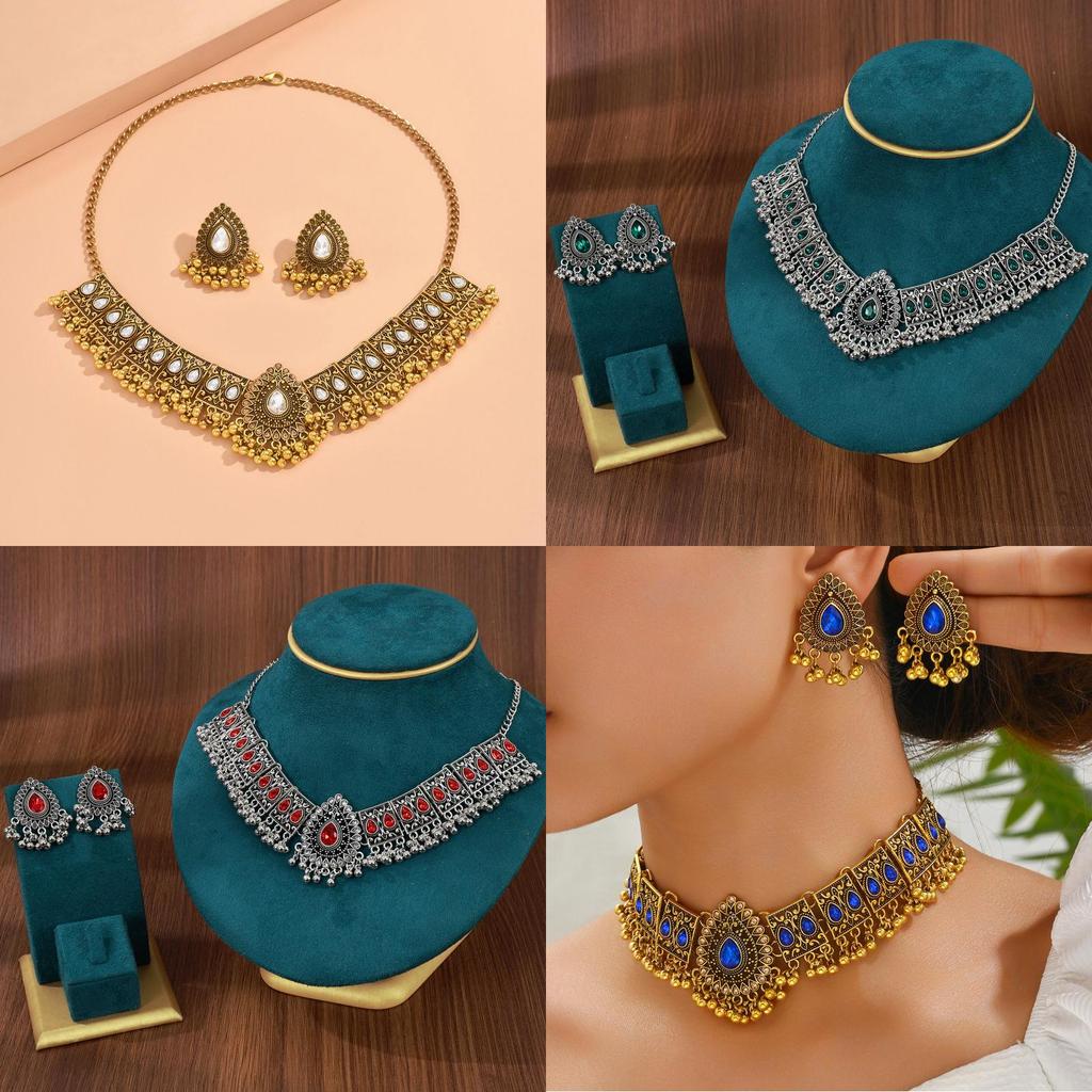 Water Drop Pendant Necklace And Earrings Set With Rhinestones For Women