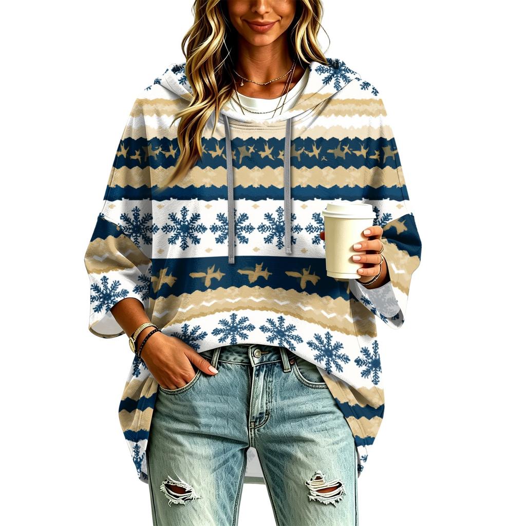 Women's 3/4 Sleeve Christmas Print Hooded Pullover Top Casual Holiday Outfit