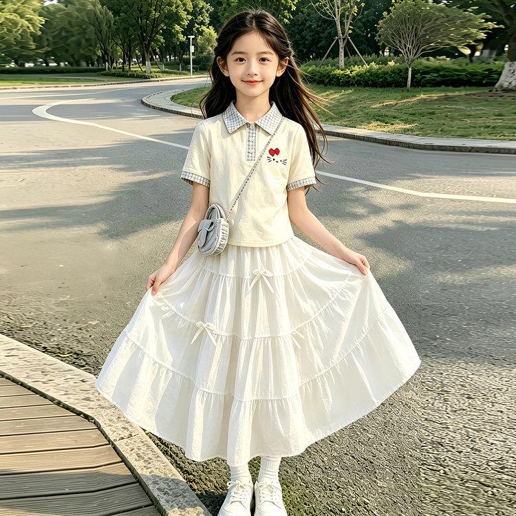 Girls Korean-Style Pleated Two-Piece Skirt Set: High-Waisted White Layered Long Skirt for Summer 170 cm