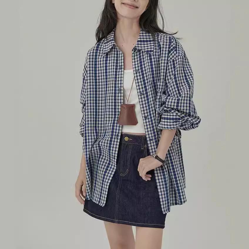 

Zhanzhan Retro Sea Breeze Plaid Lace Shirt Extra Large