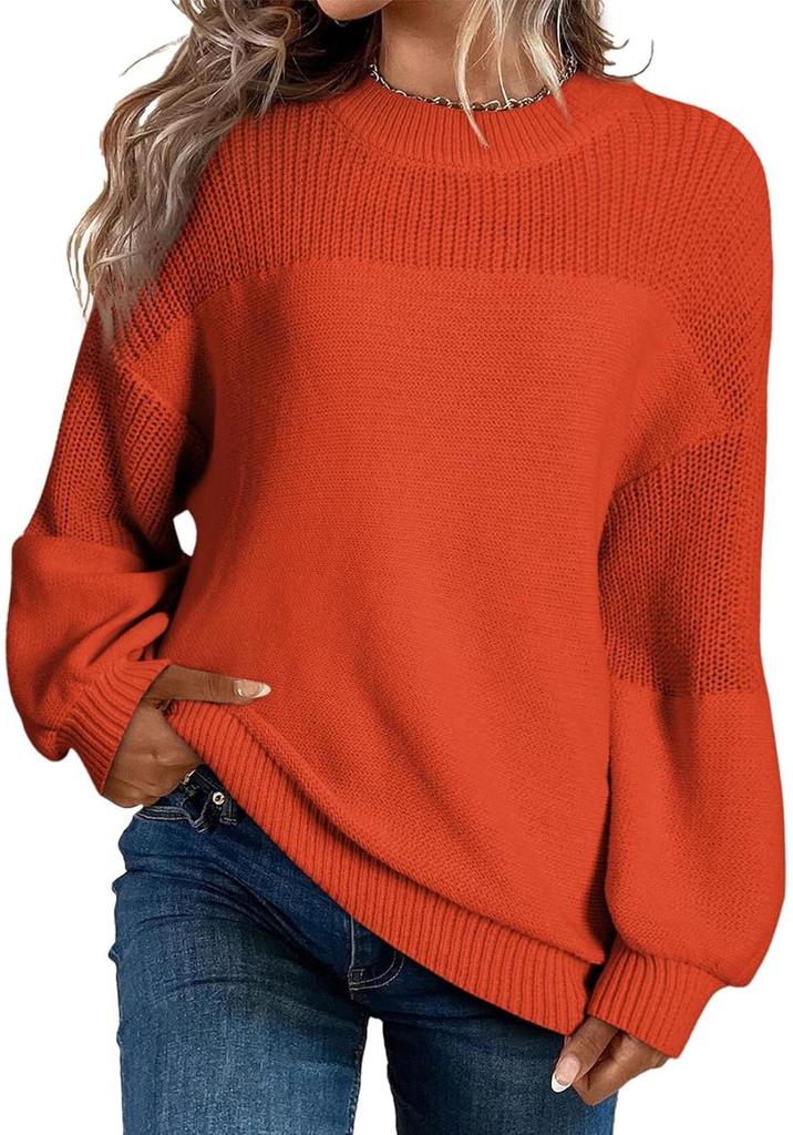 2026 A/W Solid Color Lantern Sleeve Pullover Sweater for Women