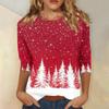 Women's Fashionable Casual Three Quarter Sleeve Christmas Printed Collar Pullover Top