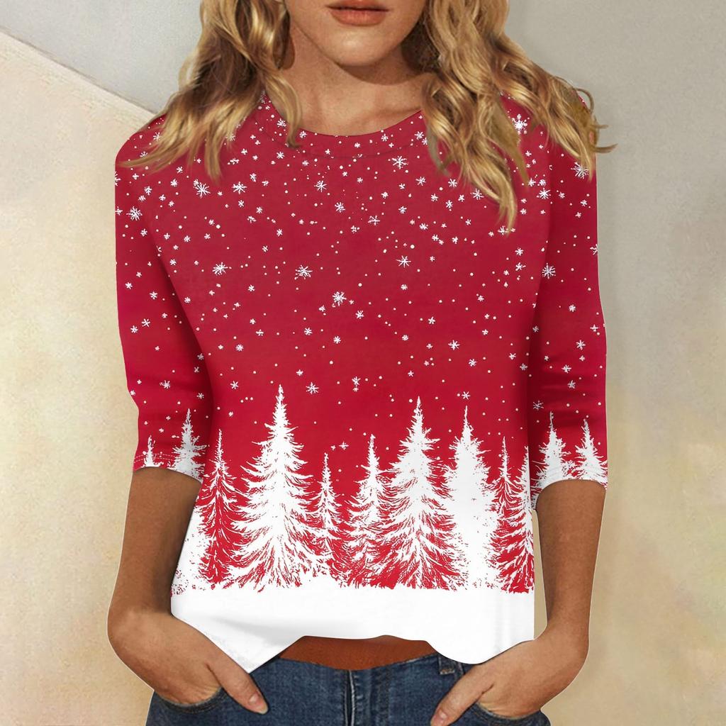 Women's Fashionable Casual Three Quarter Sleeve Christmas Printed Collar Pullover Top