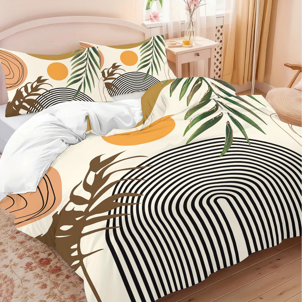 Explosive Bed Three-Piece Set Geometric Lines And Leaves Digital Printing Quilt Cover Home Textile 3-Piece Set