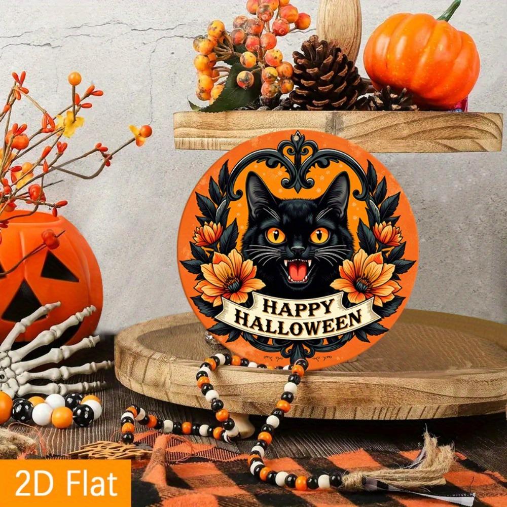 Mfoever Tin Sign Vintage Happy Halloween Black Cat Metal Tin Sign Retro Spooky Floral Round Wall Art Decor Classic Gothic Holiday Cat Tin Paint