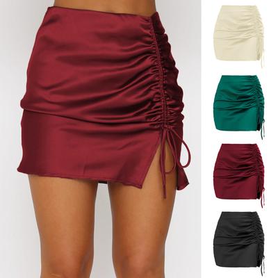 Solid Color Drawstring Pleated Wrap Skirt Sexy High Waist Zipper Satin Bustier Skirt Women Summer Women's Comfortable Elegant and Premium