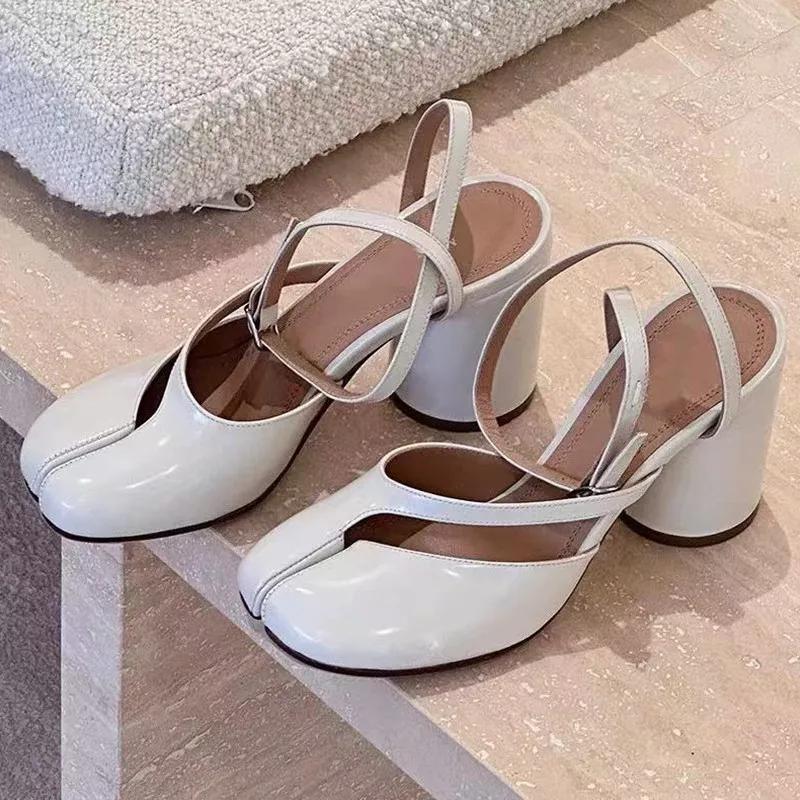 Ins Style Fashion Patent Leather Split Toe Women Pumps Spring Summer Thick High Heels Slingbacks Female Tabi Chunky Casual Shoes