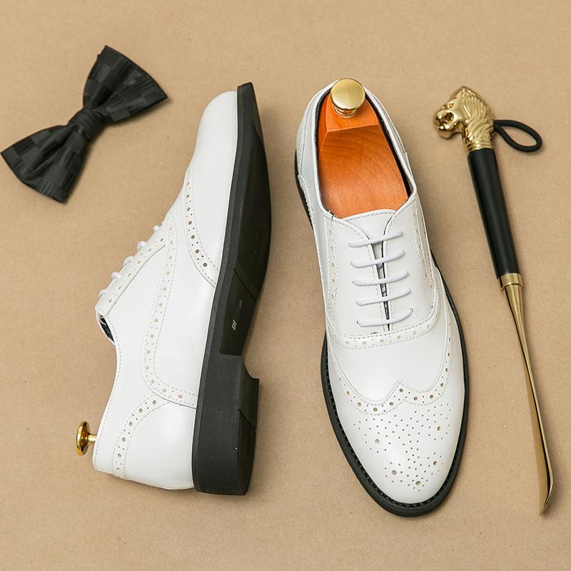 Men White Brogues Derbys Formal Business Leather Shoes Men Retro Black Tuxedo Wedding Classic Dress Shoes Over Sized