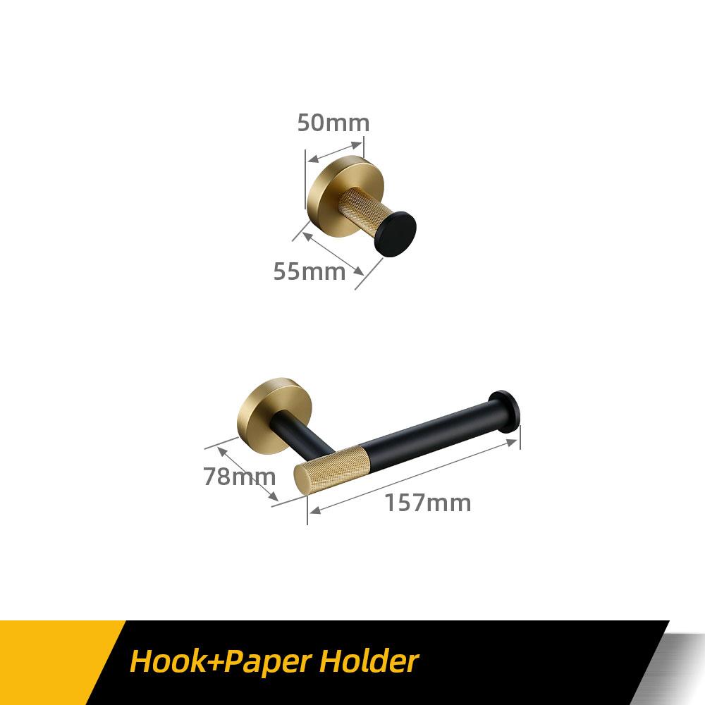 Towel Rack Wall Mounted Towel Rack Brushed Gold Paper Holder& Matte Black Hook Knurled and Combined Colors Toilet Brush Holder