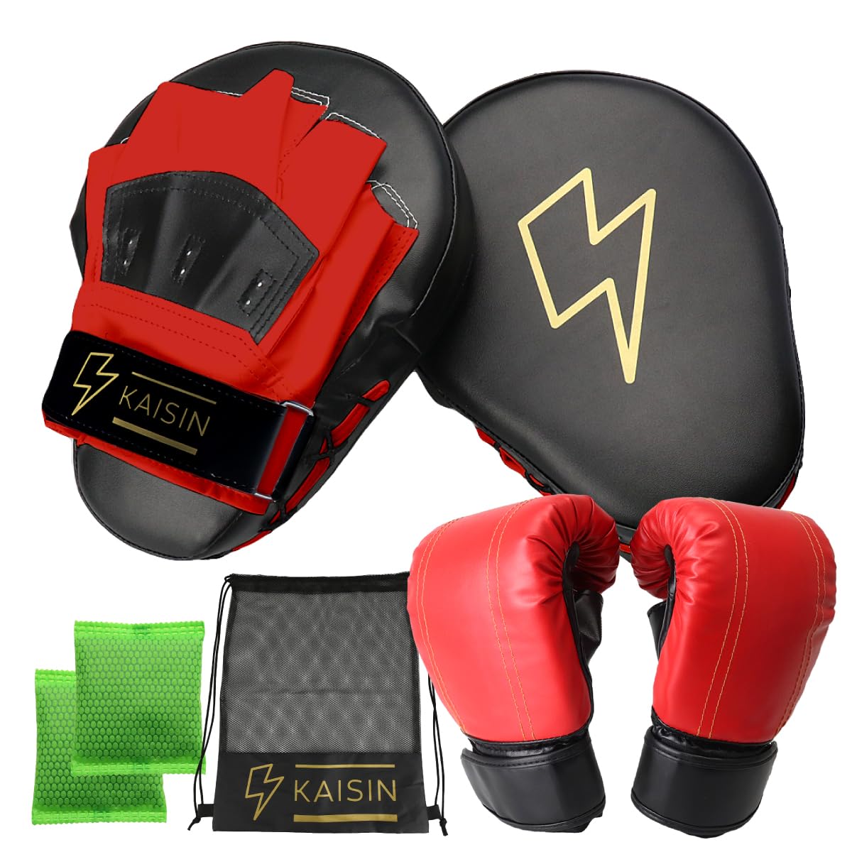 

KAISIN Boxing Gloves and Mitts Set with Storage Bag [Supervised by an Active Kickboxer] (Red x Black Mitts & Gloves Set)