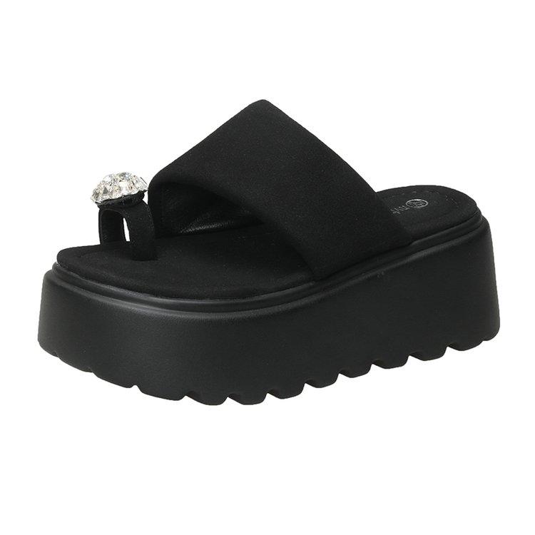 Fashion 8CM Women High Platform Slippers Summer Rhinestone Beach Flip-Flops Ladies Wedge Heels Flock Shoes Woman Outside Chunky Sandals