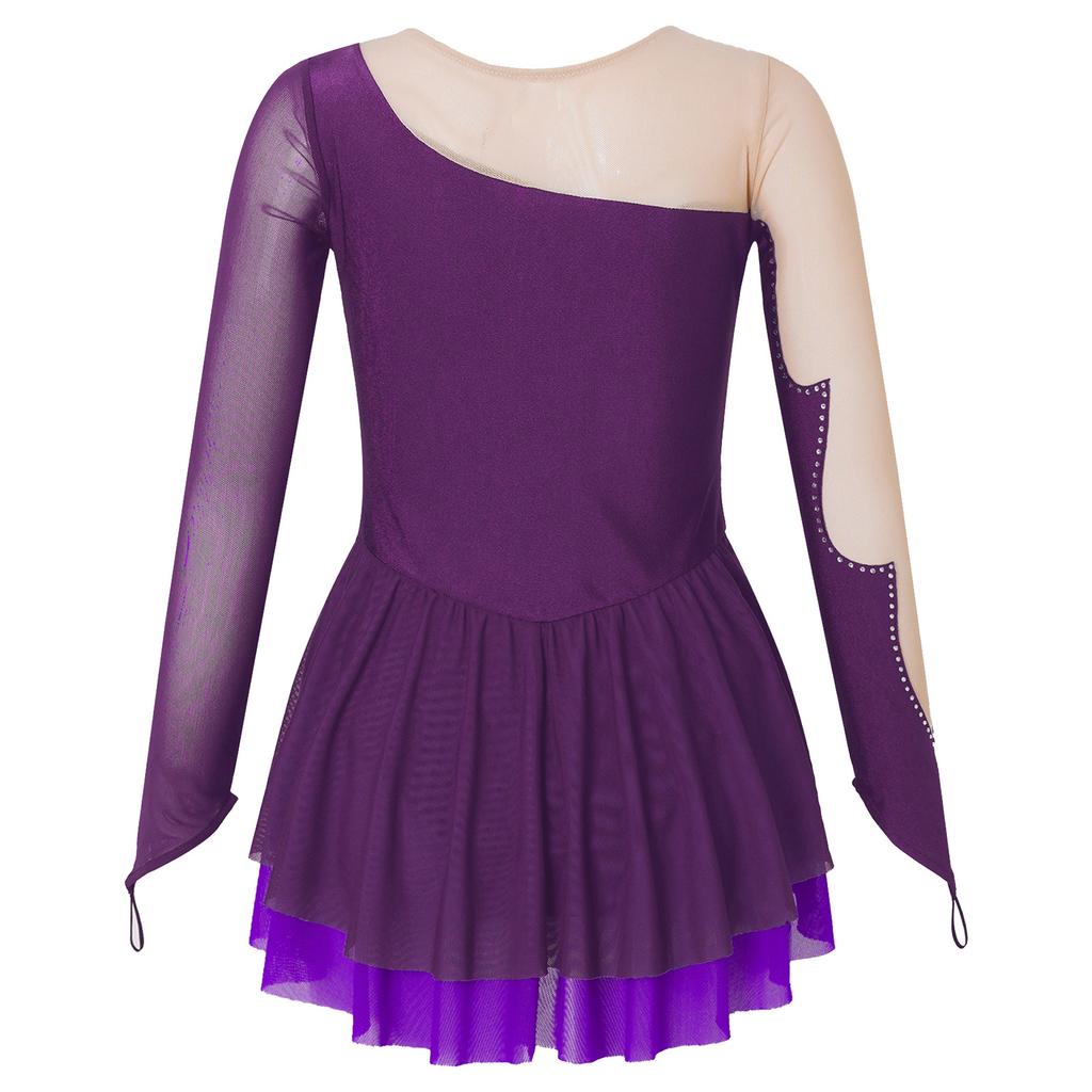 Rochie de dans pentru patinaj artistic pentru copii, fete, cu mânecă lungă, stil mozaic, decorată cu strasuri strălucitoare