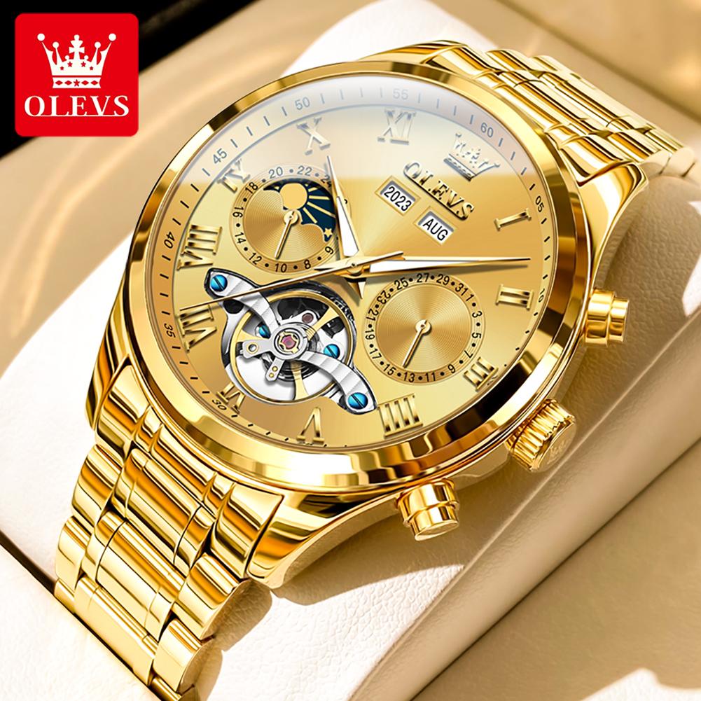 OLEVS 7005 Automatic Man Watch Luxury Skeleton Flywheel Watch 24 Hour Moon Phase Calendar Waterproof Mechanical Men's Watches