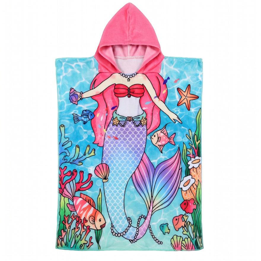 Kids Hooded Beach Towel Flat Print Mermaid Dinosaur Microfiber Poncho Boys Girls Swim Pool Bath Cape Changing Robe