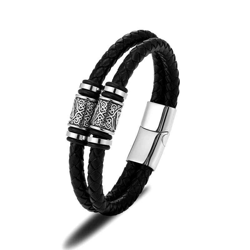 Viking compass Norse Runes Amulet Double-Layer Stainless Steel Men's Leather Bracelet Norse Mythology Jewelry