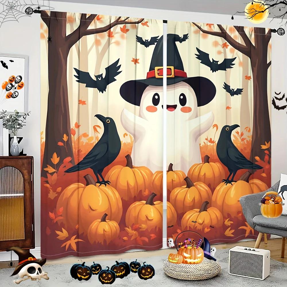Set Of 2 Halloween Cartoon Ghost Pumpkin Print Curtains Pole Bag Home Decorations Room Made Polyester