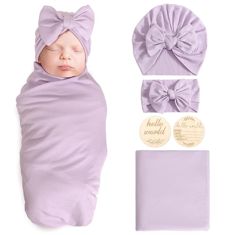 Newborn Receiving Blanket with Bow Hat Mittens Wooden Card Set Wheat-Pattern Newborns Toddler Baby Boy Girl Nursery Swaddle Wrap