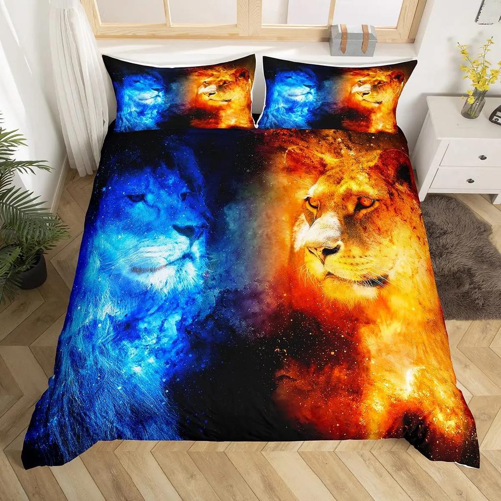 Galaxy Tiger Duvet Cover Set Blue Nebulas Stars Moon Bedding Sets Outer Space Wildlife Sky Starry King Comforter Cover Set