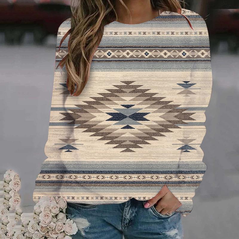 Spring and Autumn Round Neck 3D Ethnic Style Printed Top Fashionable Casual Long Sleeved Women's T-shirts
